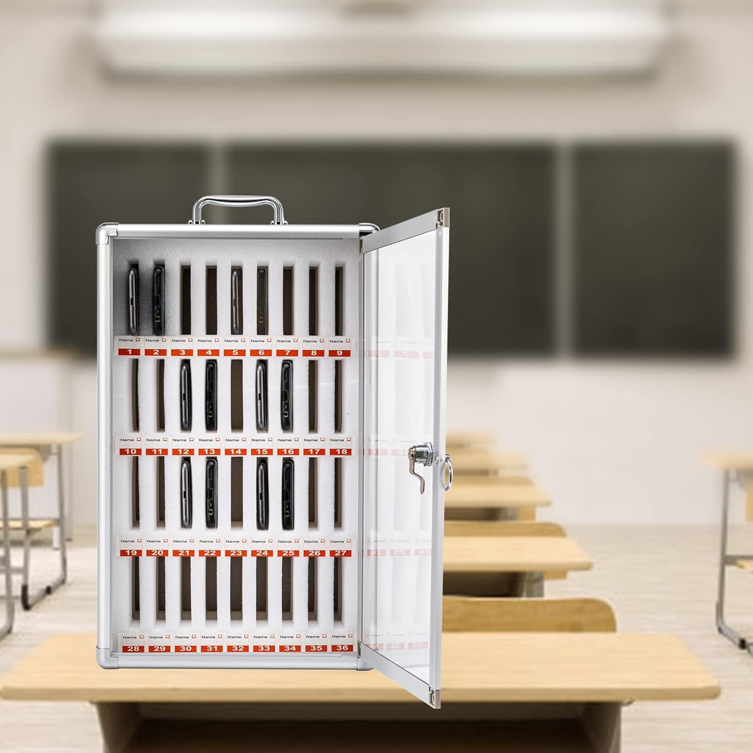 Armario De Pared para Teléfonos Móviles con 36 Fabdo En Aleación De Aluminio con Asa Y Cerradura De Seguridad Ideal para Aulas Oficinas Gimnasios Y Es.