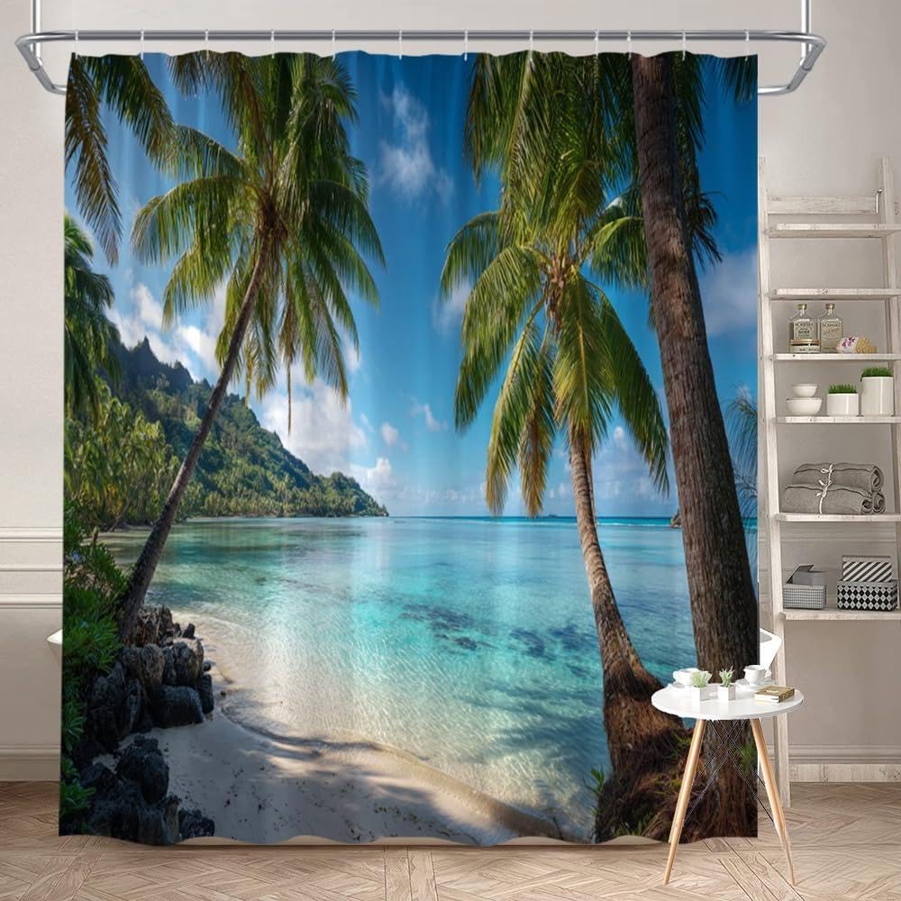 Glwdmb W-13 1 Piece 120X180cm Tropical Paradise Beach Scene With Palm Trees Printed Shower Curtain With Hook, Polyester, For Windows And Walls, Bathtub, Bathroom, Machine Washable, All Season Universal