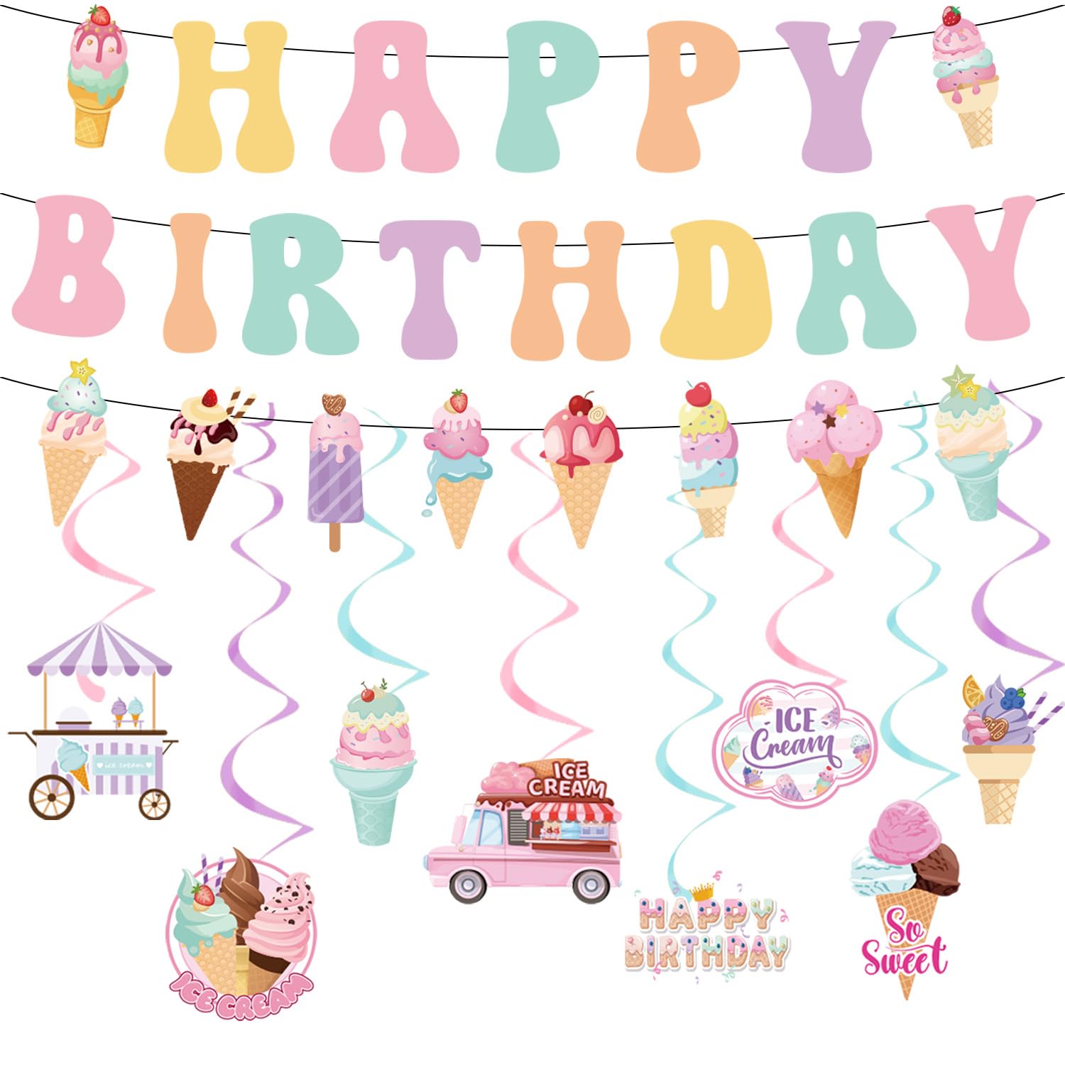 Ice Cream Birthday Party Decorations - Colorful Happy Birthday Banners, Hanging Swirls Decor Supplies for Summer Theme Girls Party
