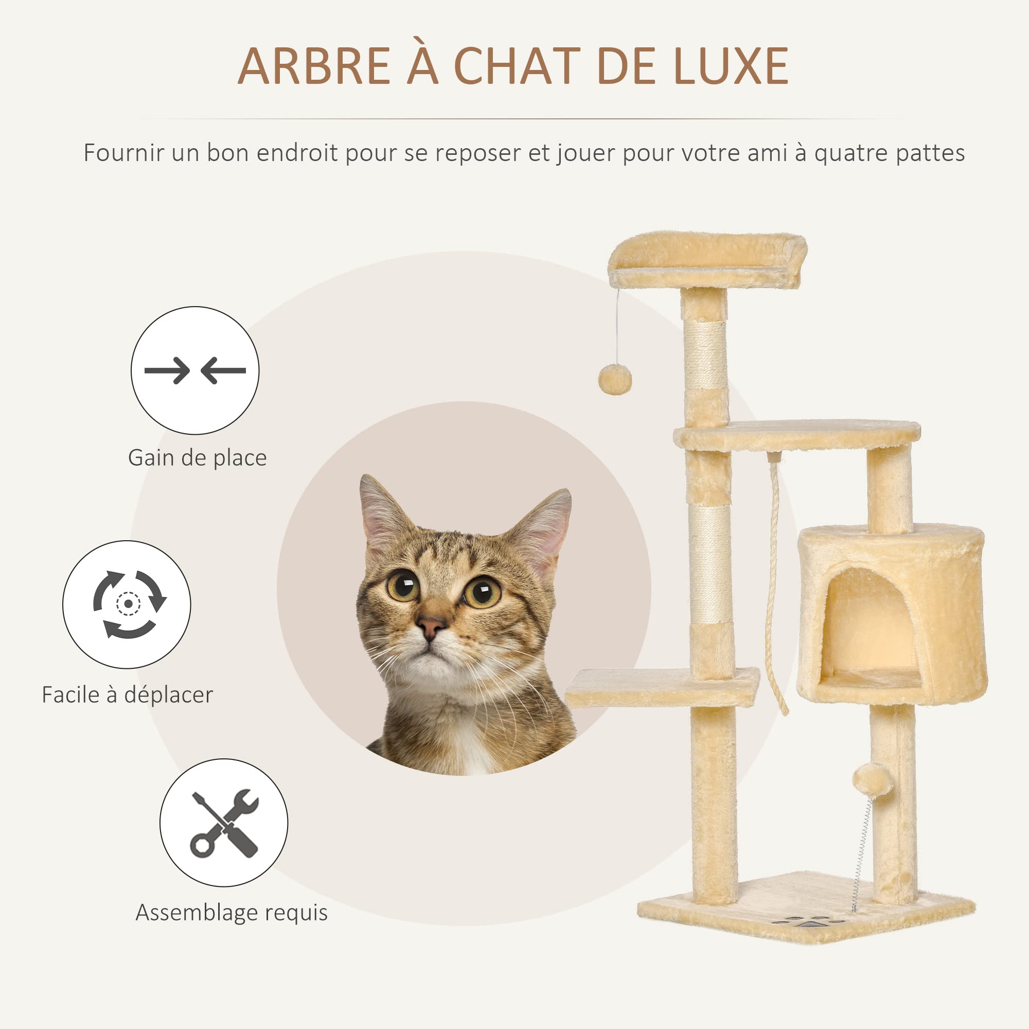 PawHut Arbre à Chats Multi-équipements griffoirs grattoirs Plateformes Niche Corde Jouets 40L x 40l x 114H cm Beige