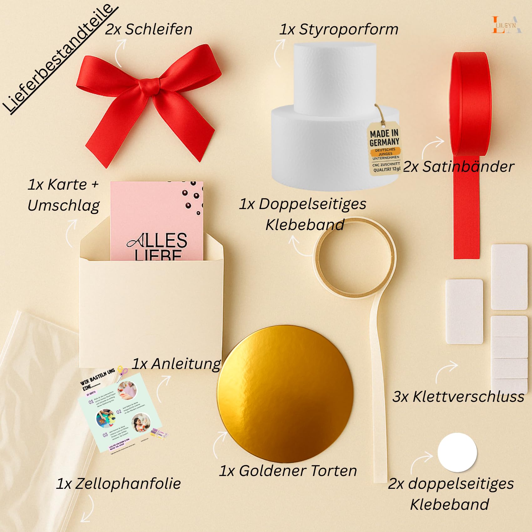 Styropor Torte - 2 Etagen - DIY Bastelbox Set - Besteht aus 15 Einzelteilen – Gestalten Sie Ihr individuelles Geschenk –