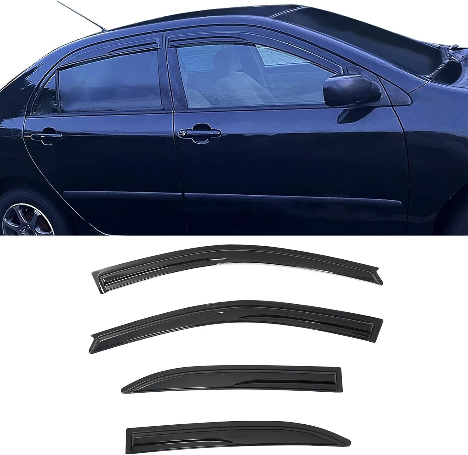 IKON MOTORSPORTS Tape On External Window Visor, Compatible with 2003-2008 Toyota Corolla 9th Gen, Acrylic Smoke Tinted & Semi-Transparent Sun Rain Shade Guard Wind Vent Air Deflector