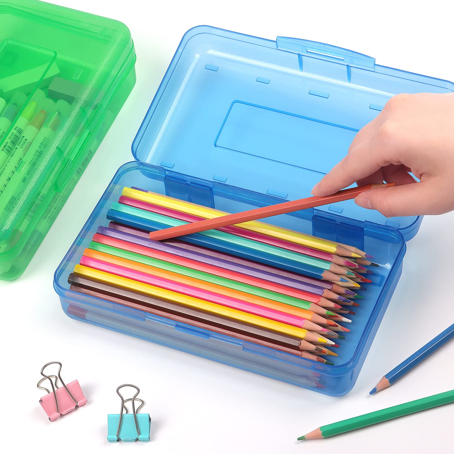 1 opakowanie plastikowego piórnika o dużej pojemności, przezroczyste pudełka z zatrzaskową pokrywką, można układać w stos i stylowe pudełko do przechowywania materiałów biurowych, niebieskie
