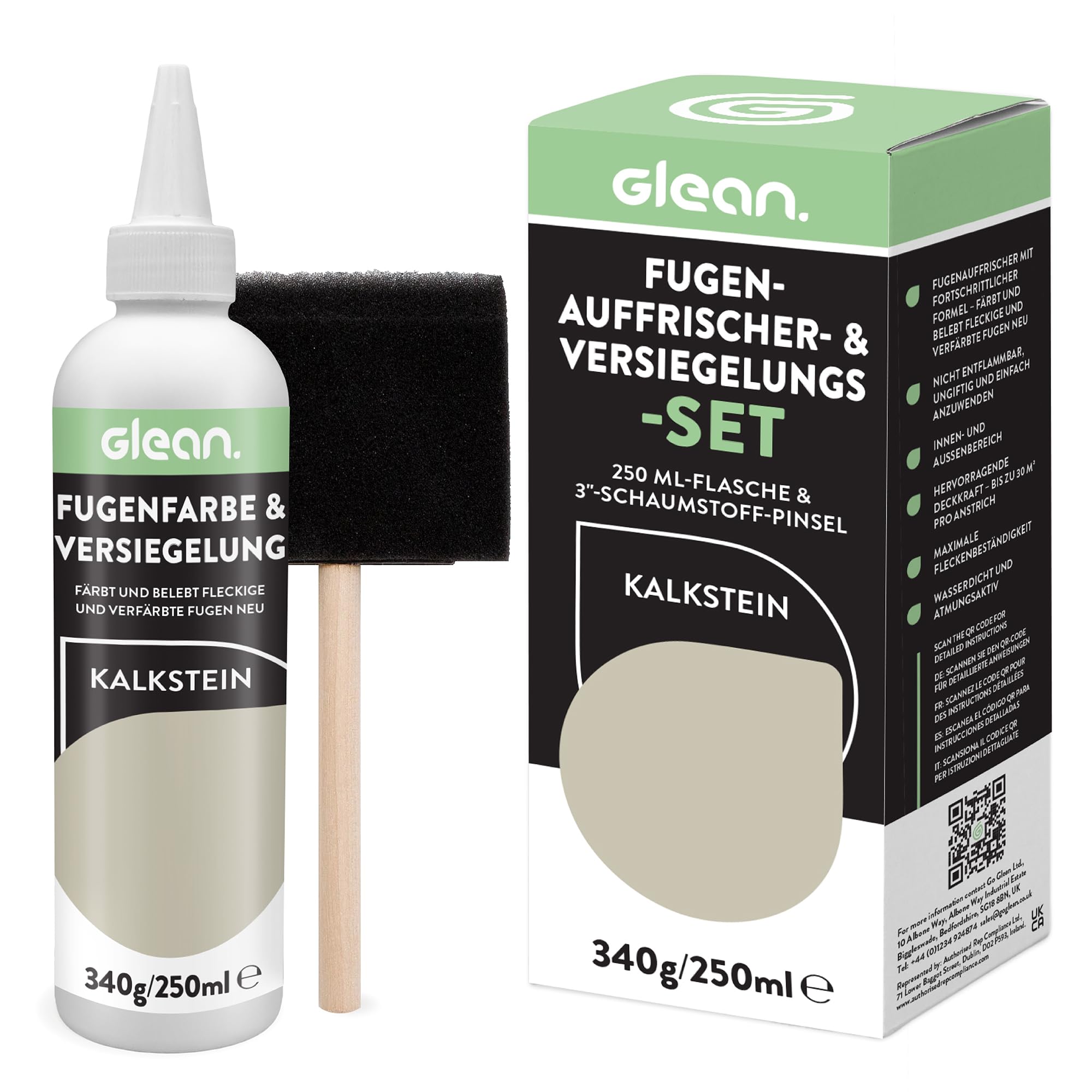 GLEAN Fugenfarbe & Versiegelung Kalkstein | 340g | Erneuert & schützt Fliesenfugen | Mit Schaumstoffpinsel | Atmungsaktiv & fleckenresistent | Für Bad, Dusche & Küche