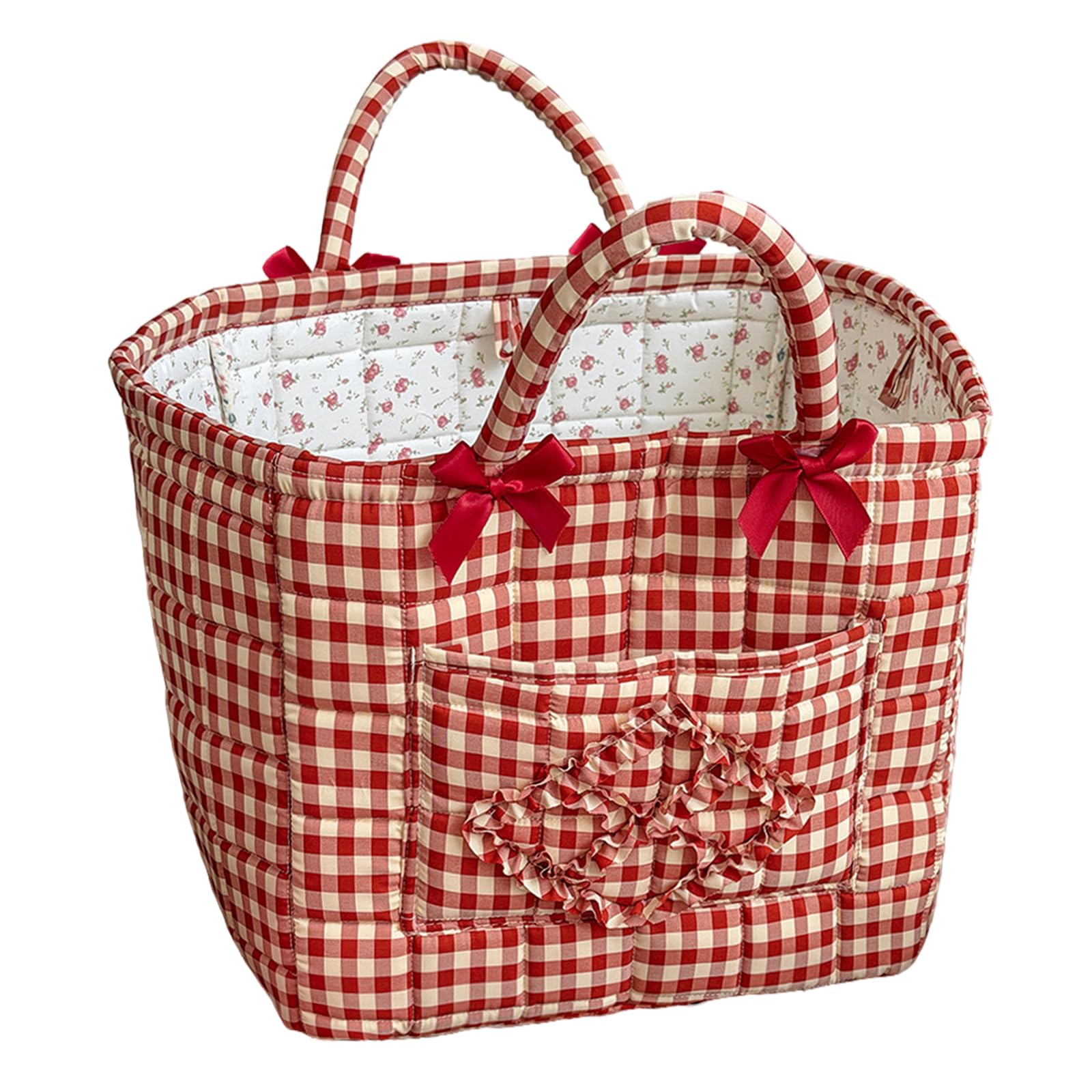 Cotton Quilted Storage Basket with Handles, Collapsible Fabric Storage Bin for Shelves, Clothes and Toy Organiser Basket for Nursery, Bedroom, Laundry, Farmhouse Plaid Collapsible Laundry Hamper