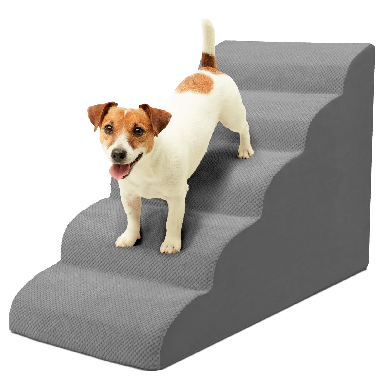 Niubya Scala per Cani e Gatti Piccoli, 5 Gradini 62 cm, Schiuma 30D, Antiscivolo, Fodera Lavabile, Ideale per Divano/Letto, Animali Anziani o Mobilità Ridotta, Grigio