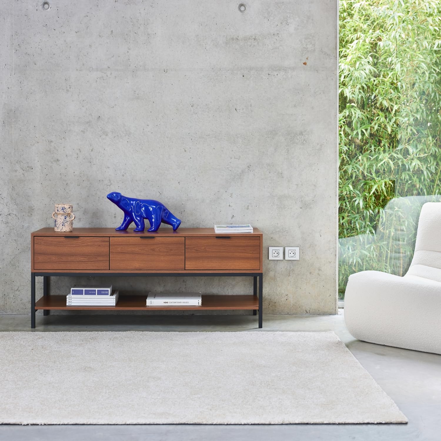 sweeek Mobile TV in Noce con 3 cassetti, 130cm, Walnut, Marrone, 130x40x53.5 cm