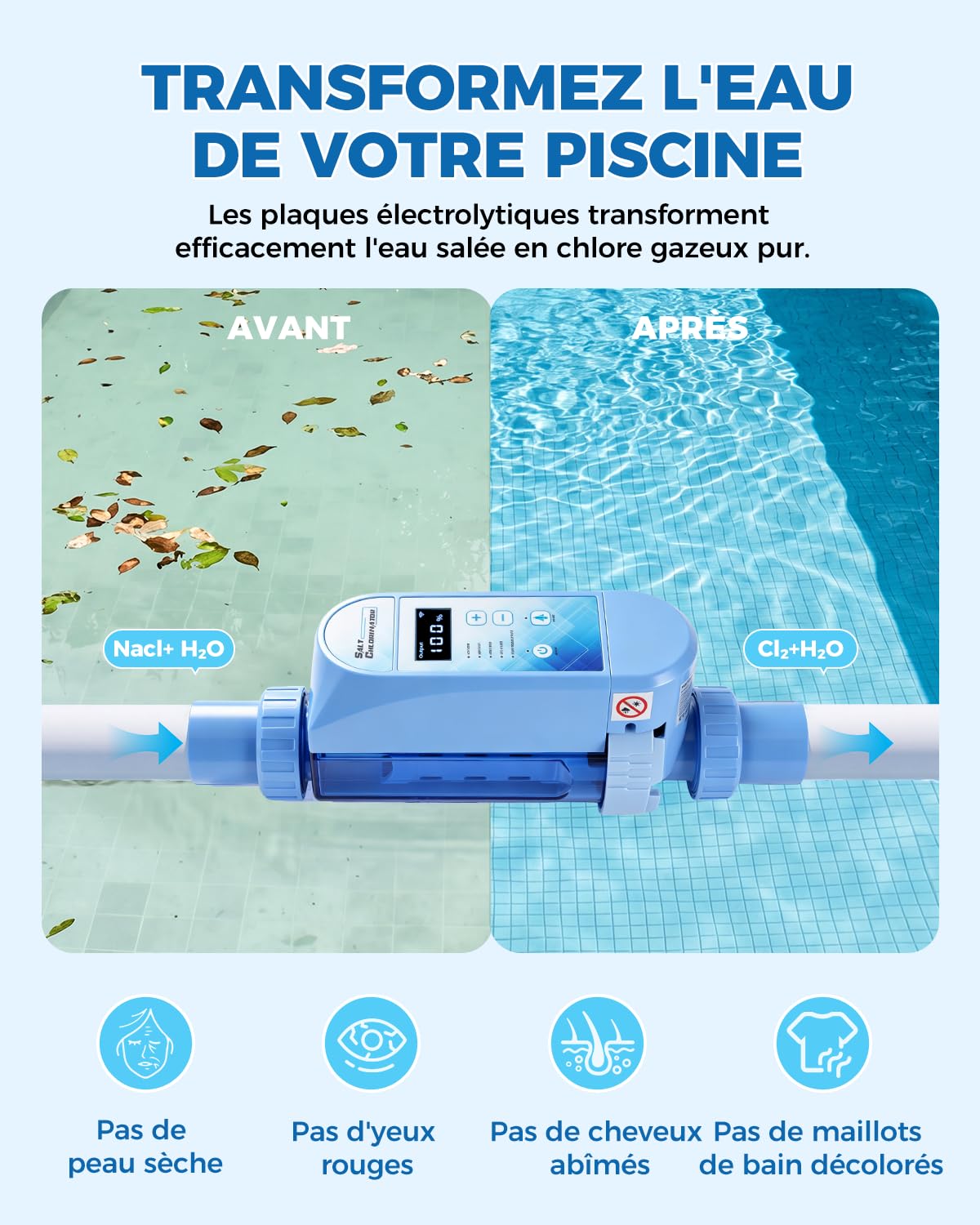 YUCHENGTECH Électrolyseur Piscine au Sel 50 m³ pour Piscines Enterrées | Chlorateur de Sel de Piscine 12 g/h Avec Cellule en Titane, Panneau de Commande à LED et Fonction D'autonettoyage