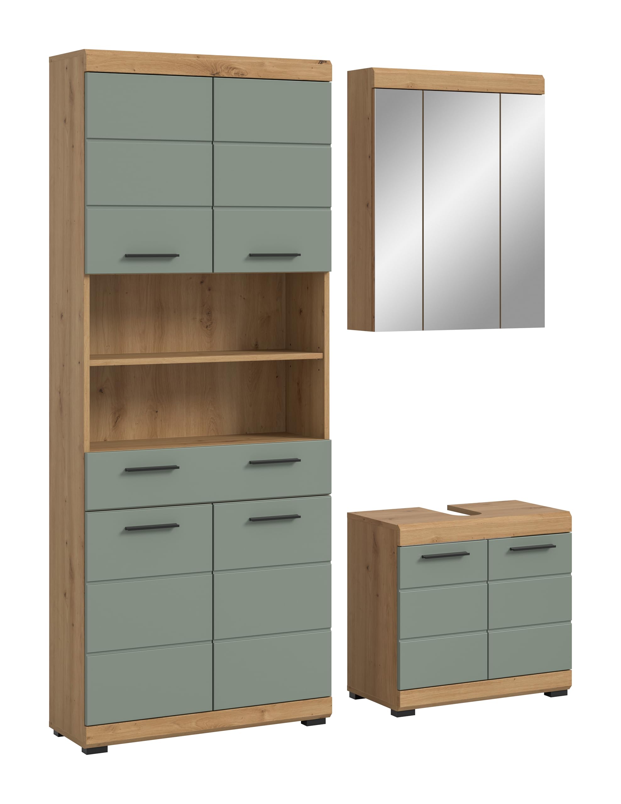 xonox.home – Badkombination Scout 149x191x34 cm in Artisan Eiche und Salbei Nachbildung – Zeitgemäße Badezimmerlösung mit Stauraum – kompakt, wohnlich & pflegeleicht