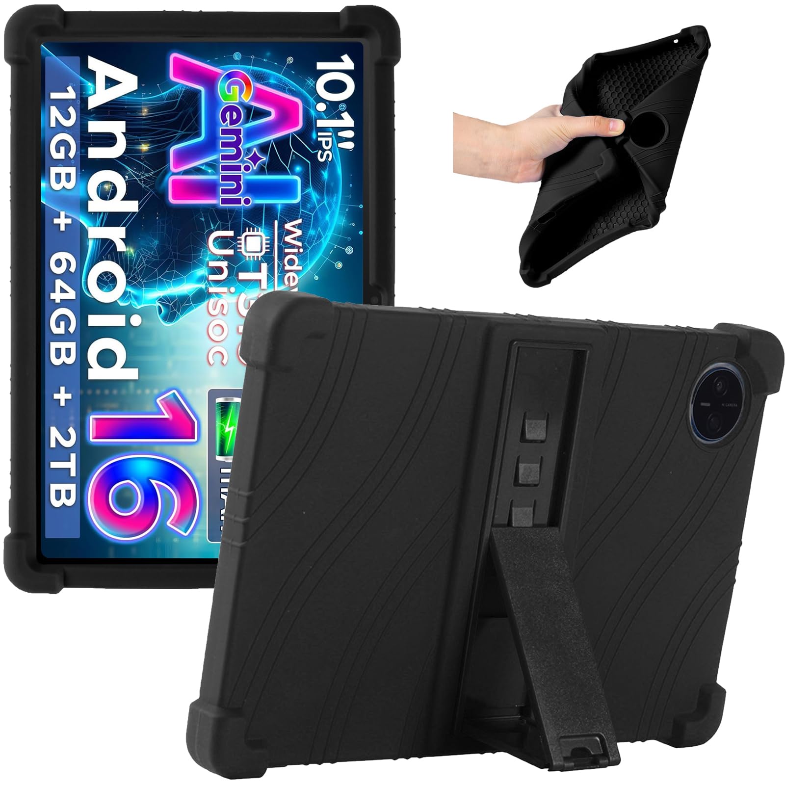 Junfire Silicone Case for DOOGEE Tab A9/DOOGEE Tab A9 Pro (10.1 Inch) Tablet Android 15, Case Shockproof Rugged with Kickstand - Black