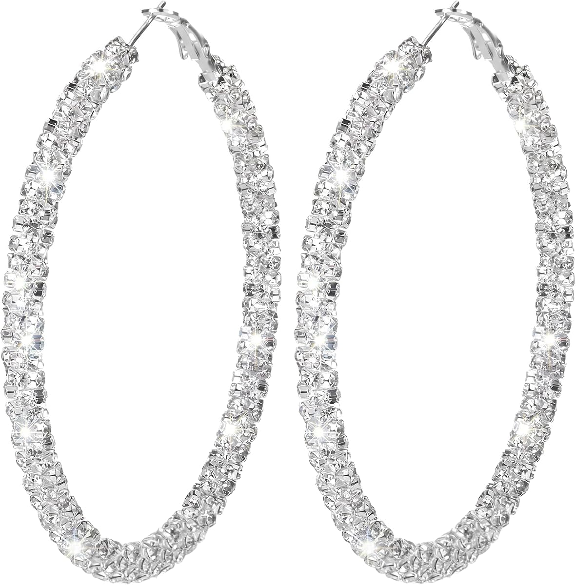 Rhinestone Hoop Earrings Large Silver Sparkly Earring 73mm/2.87in