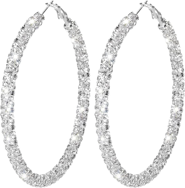 Rhinestone Hoop Earrings Large Silver Sparkly Earring 73mm/2.87in