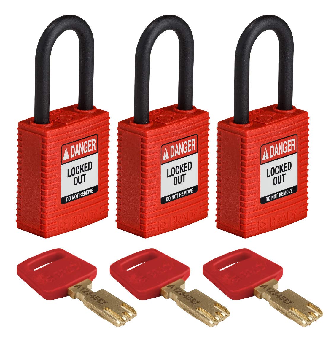 Brady Red Safekey Lockout Padlock Nylon 1.5" Plastic Shkl, Pack Of 3
