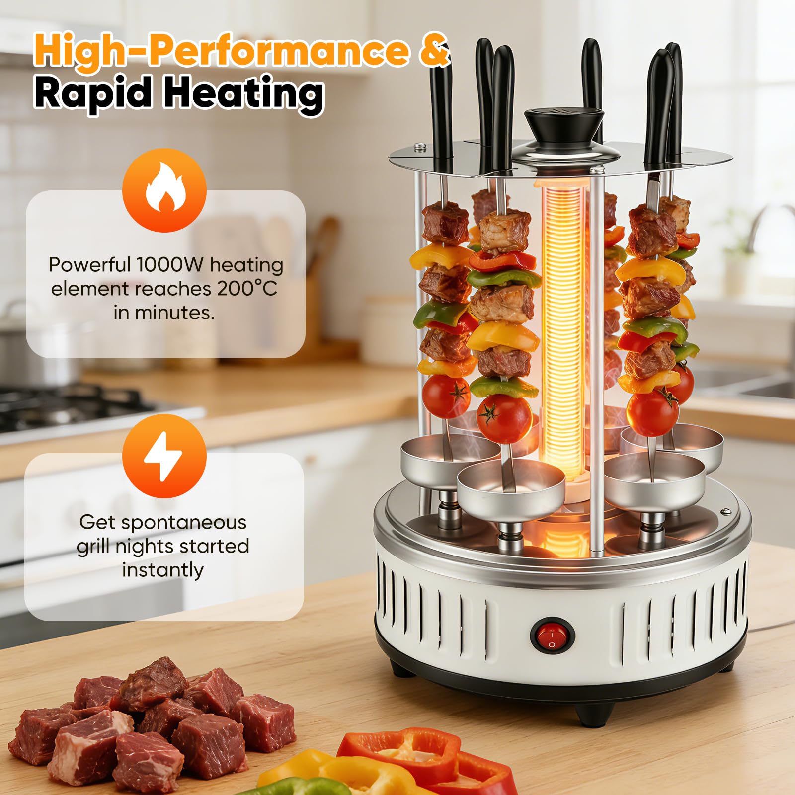 Gril électrique Vertical, Gril électrique 1000 W Shish Kebab Grill avec 6 brochettes, Gril Rotatif pour Barbecue, Gril de Table, Tube Chauffant en Verre amélioré pour la Maison, Le Jardin