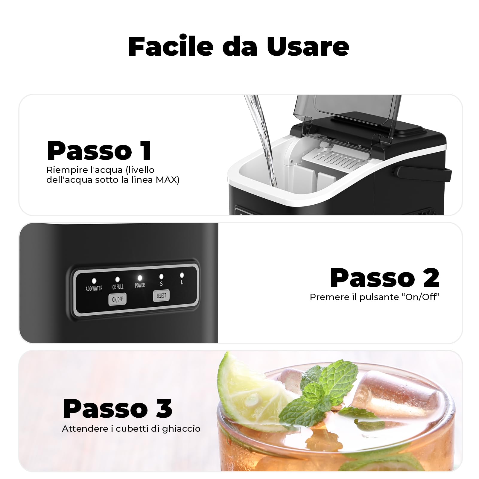 Macchina Ghiaccio 12kg/24h, Autopulente Macchina per il Ghiaccio Casa 1,5L, Silenzioso, 9 Cubetti in 6 Minuti, Ice Maker con Maniglia/Paletta/Cestello, Nero