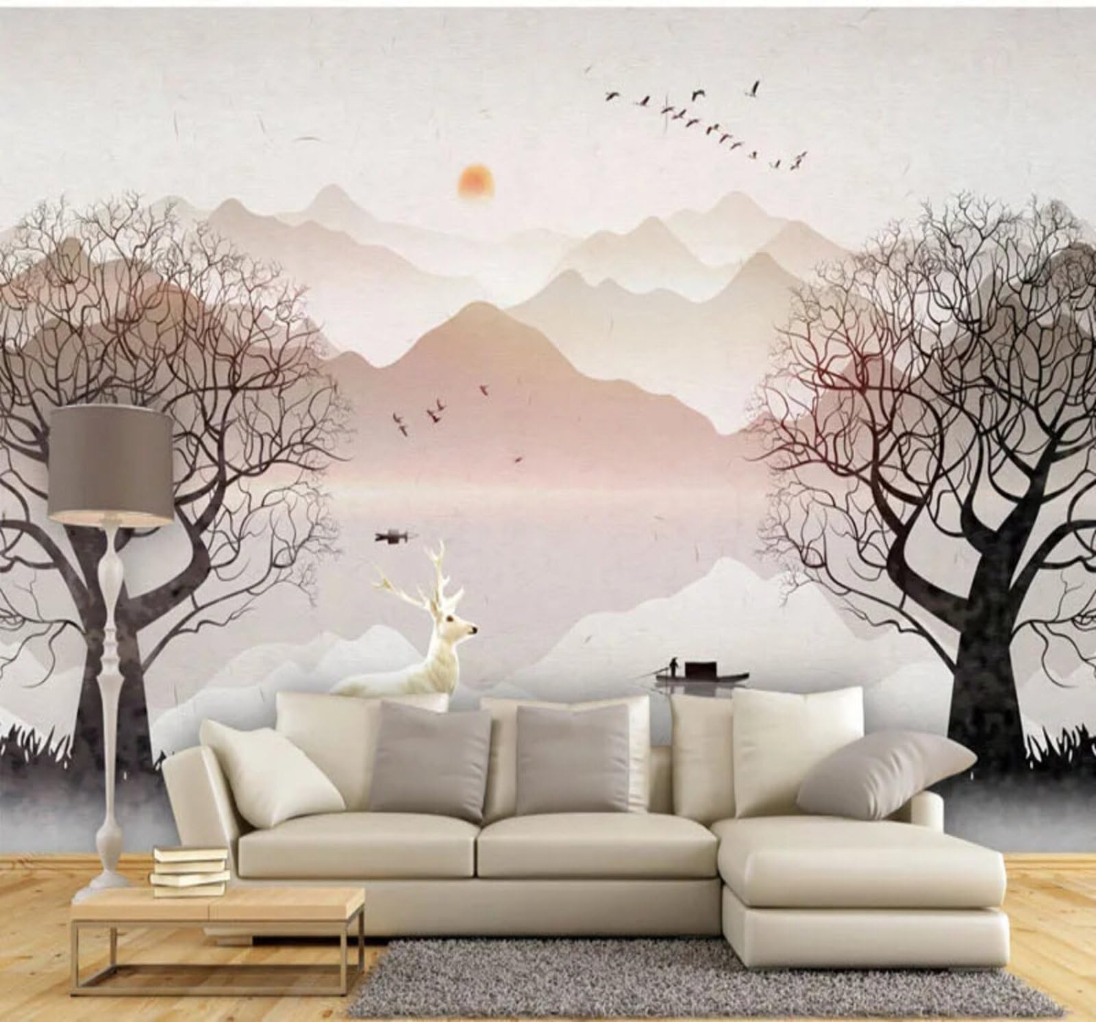Wallpaper-3D-Xlm 350Cm×256Cm(B×H) Abstract Mountains Trees Reindeer Landscape 3D Wallpaper Easy Install Feature Office Living Room Sofa Bedroom Tv Background Wall Decoration-350Cm×256Cm