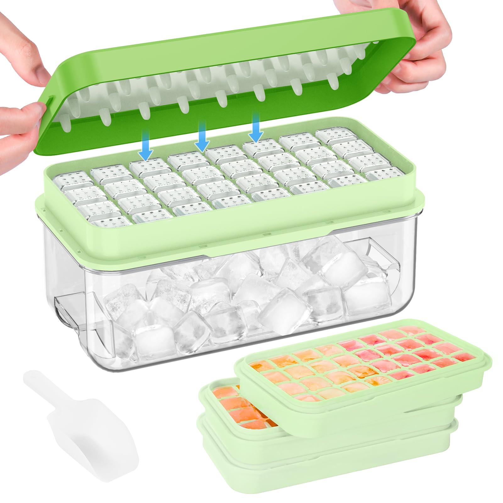 PHINOX Ice Cube Tray with Lid and Bin, 3 Pack Plastic Ice Cube Tray Molds, 96(32 * 3) pcs Ice Trays for Freezer, Chilling Drinks, Whiskey & Cocktails, with Ice Container and Ice Scoop, BPA-Free — image 1