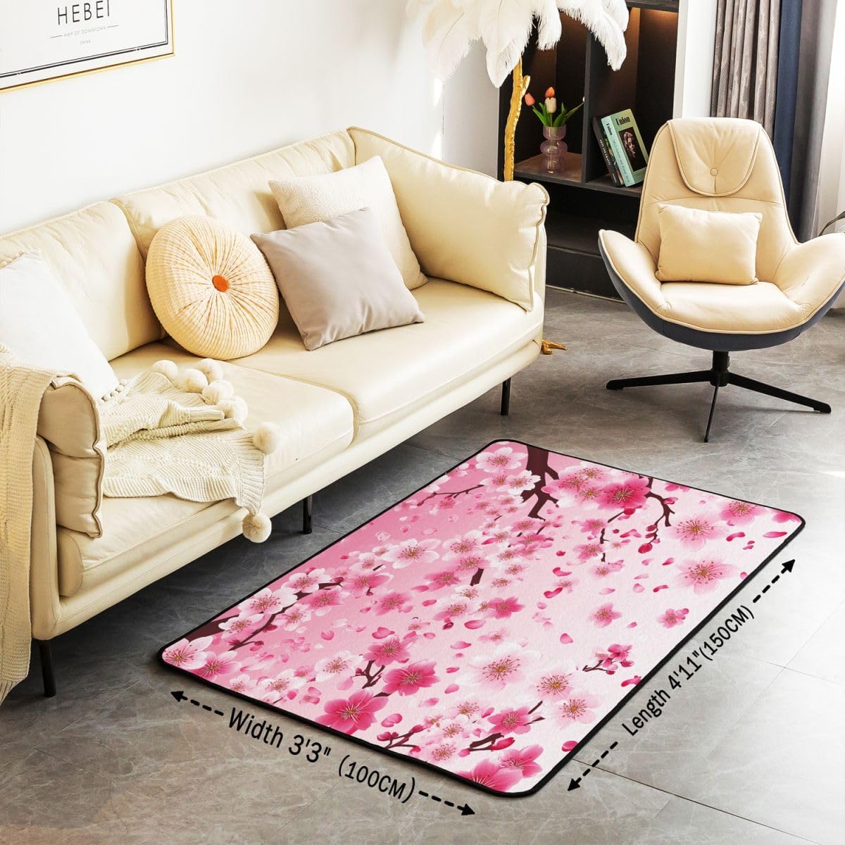 Cherry Blossoms Living Room Rugs 5x7 Japanese Style Living Room Rugs Sakura Flower Area Rug Gradient Pink Decorative Carpet for Boys Girls Kids Adults