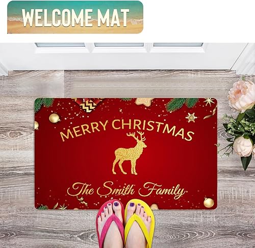 Miniatura 4 de Magimagine Tapete de Navidad personalizado para entrada al aire libre, tapete de bienvenida de Navidad personalizado con nombre de la familia,