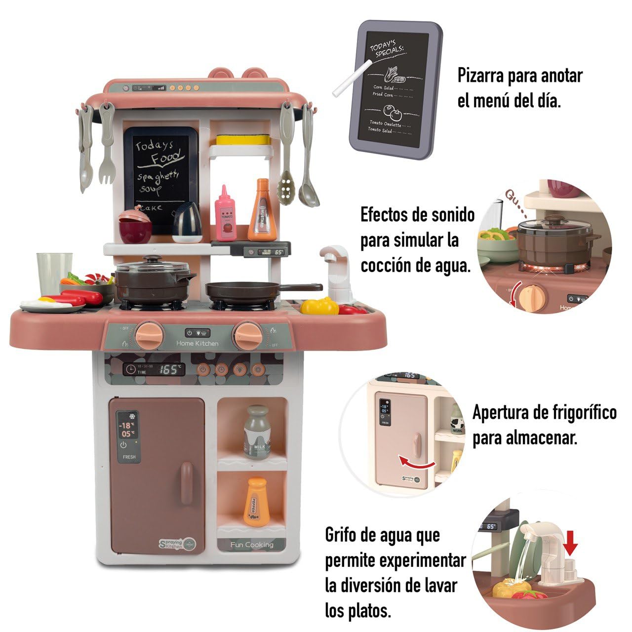 Cocina de Juguete niños Unisex, Incluye 36 Accesorios, fogones eléctricos con simulación de Fuego, Grifo con Bomba de Agua, Pizarra y Mucho más Juguetes + 3 años (Marrón)