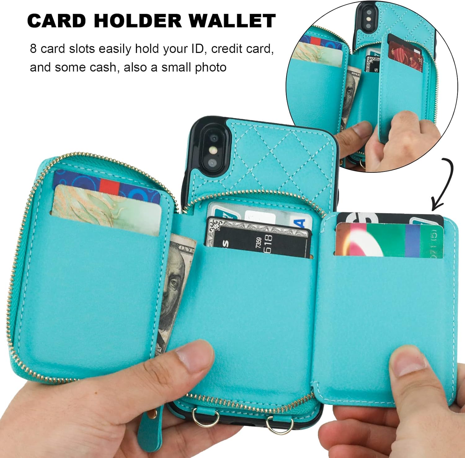 Bocasal Crossbody Wallet Case for iPhone Xs Max, RFID Blocking PU Leather Zipper Handbag Purse Flip Cover, Kickstand Folio Case with Card Slots Holder Wrist Strap Lanyard 6.5 Inch (Mint Green)
