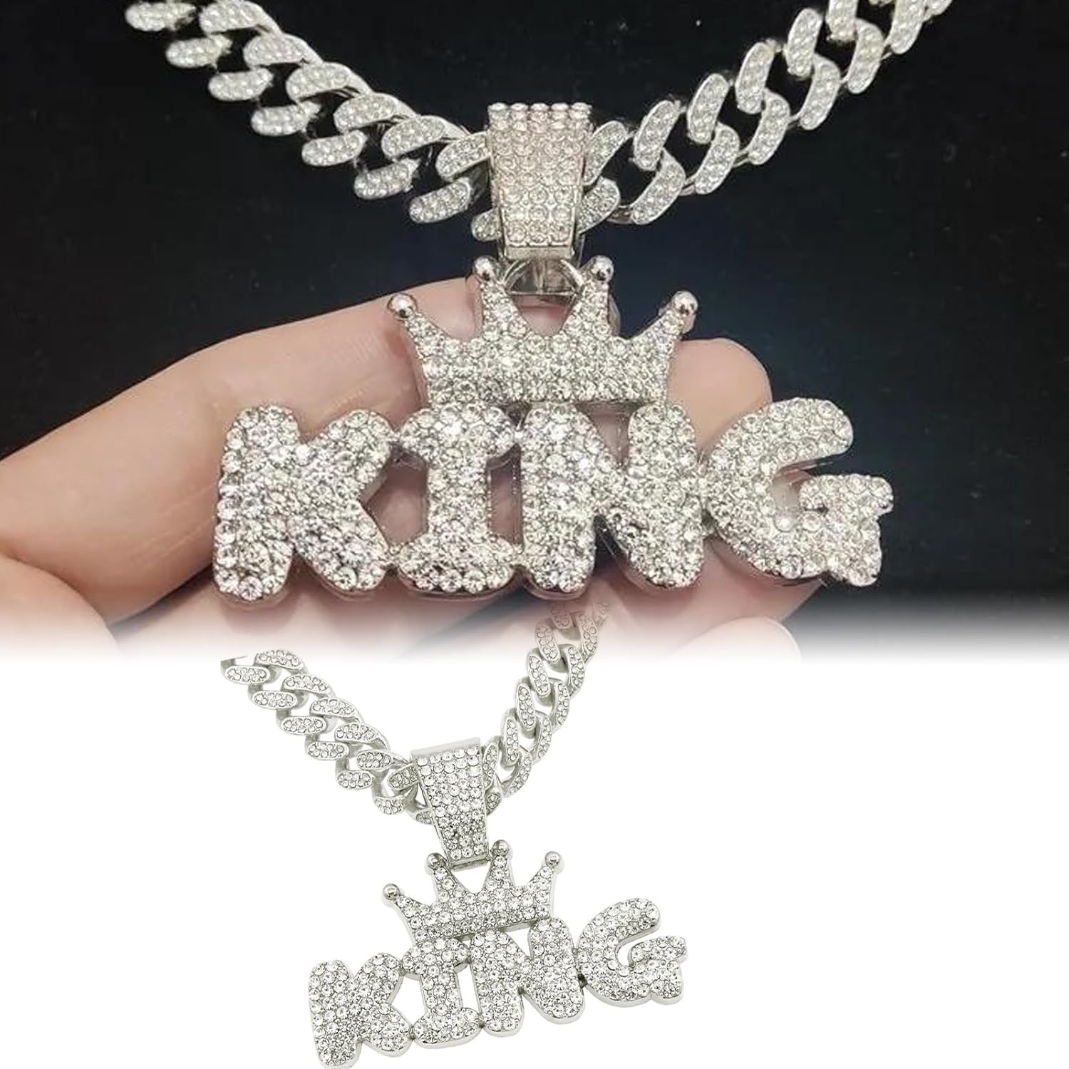 20Inch Cuban Link Chain for Men,Silver Plated Bling Hip Hop Necklace,Miami Diamond KING Pendant Necklace,Iced Out Hip Hop Jewelry Gift for Men & Women - Image 5