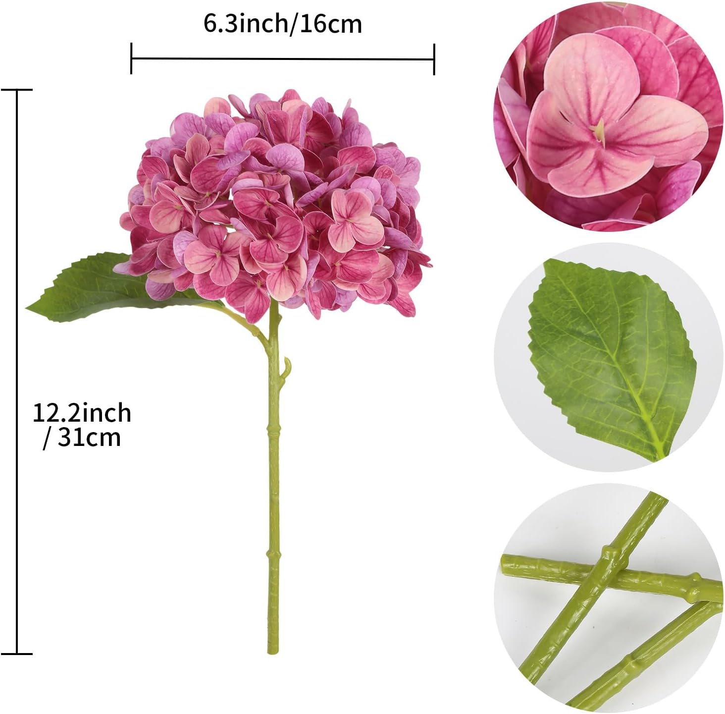 IPOPU 6PCS Real Touch Hydrangea Artificial Flowers Fuchsia Faux Hydrangeas with Short Stems Latex Realistic Fake Flowers for Home Decor Party Floral Arrangements Wedding Bouquet Centerpiece（Fuchsia