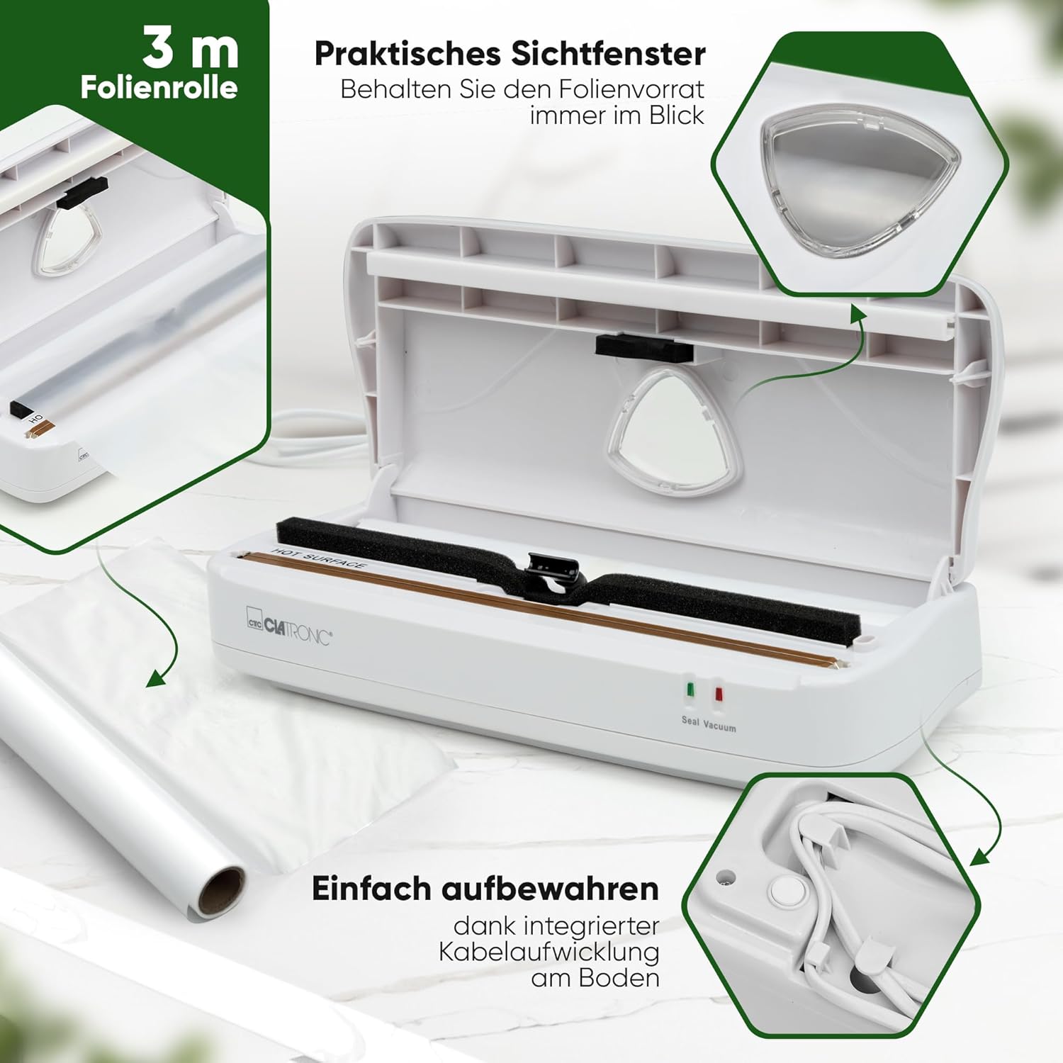 Clatronic FS 3261 showing the foil roll compartment and viewing window