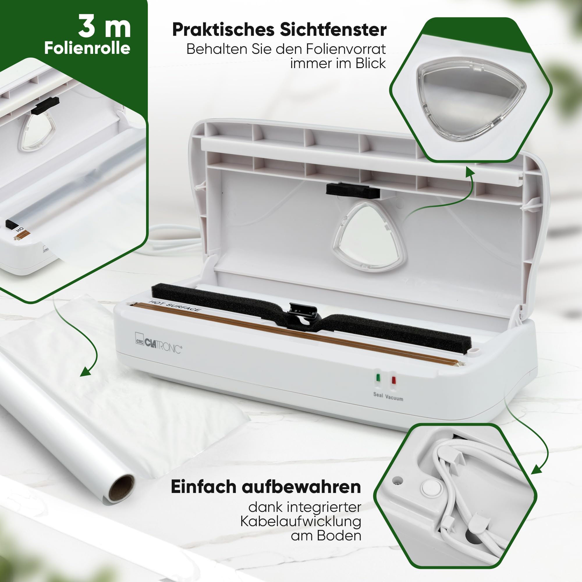 Clatronic zgrzewarka próżniowa; do Sous Vide; elektroniczna regulacja mocy; okienko do przechowywania folii; z 1 x folią próżniową; biała