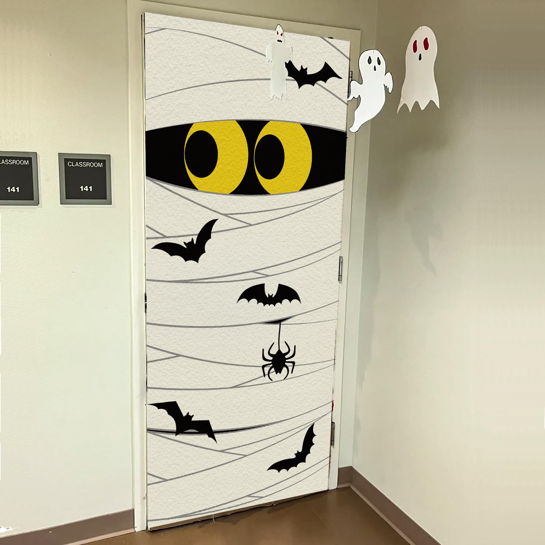 Urocza osłona na drzwi Halloween dekoracje na drzwi Halloween dekoracje ścienne dekoracje halloweenowe na drzwi wejściowe mumia drzwi baner na Halloween do wewnątrz na zewnątrz