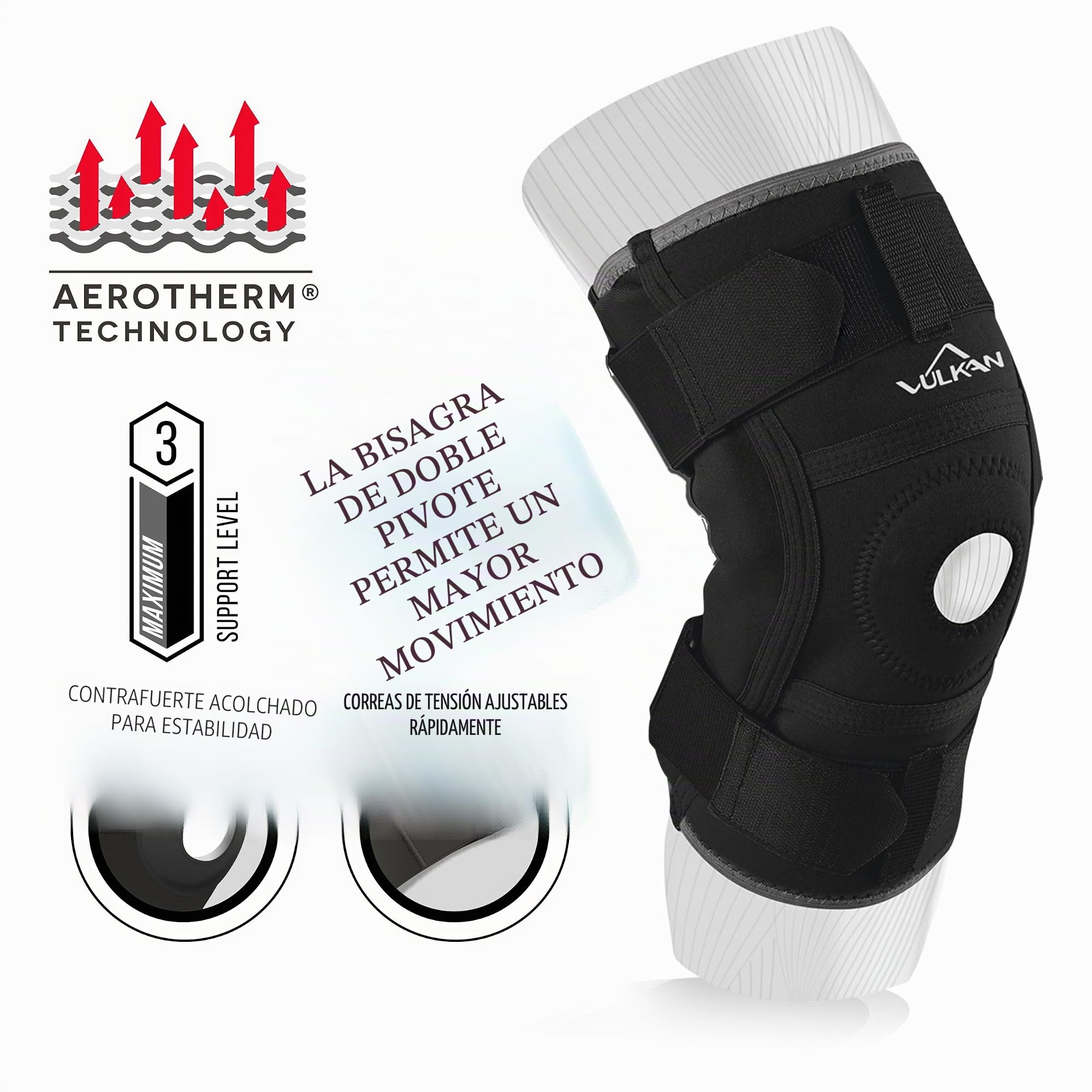 VULKAN Rodillera clásica con bisagras, mediana, rodillera con correas para soporte de rótula, rodilla para desgarros de menisco, lesiones del LCA y estabilidad de rodilla, rodilla para atletas,