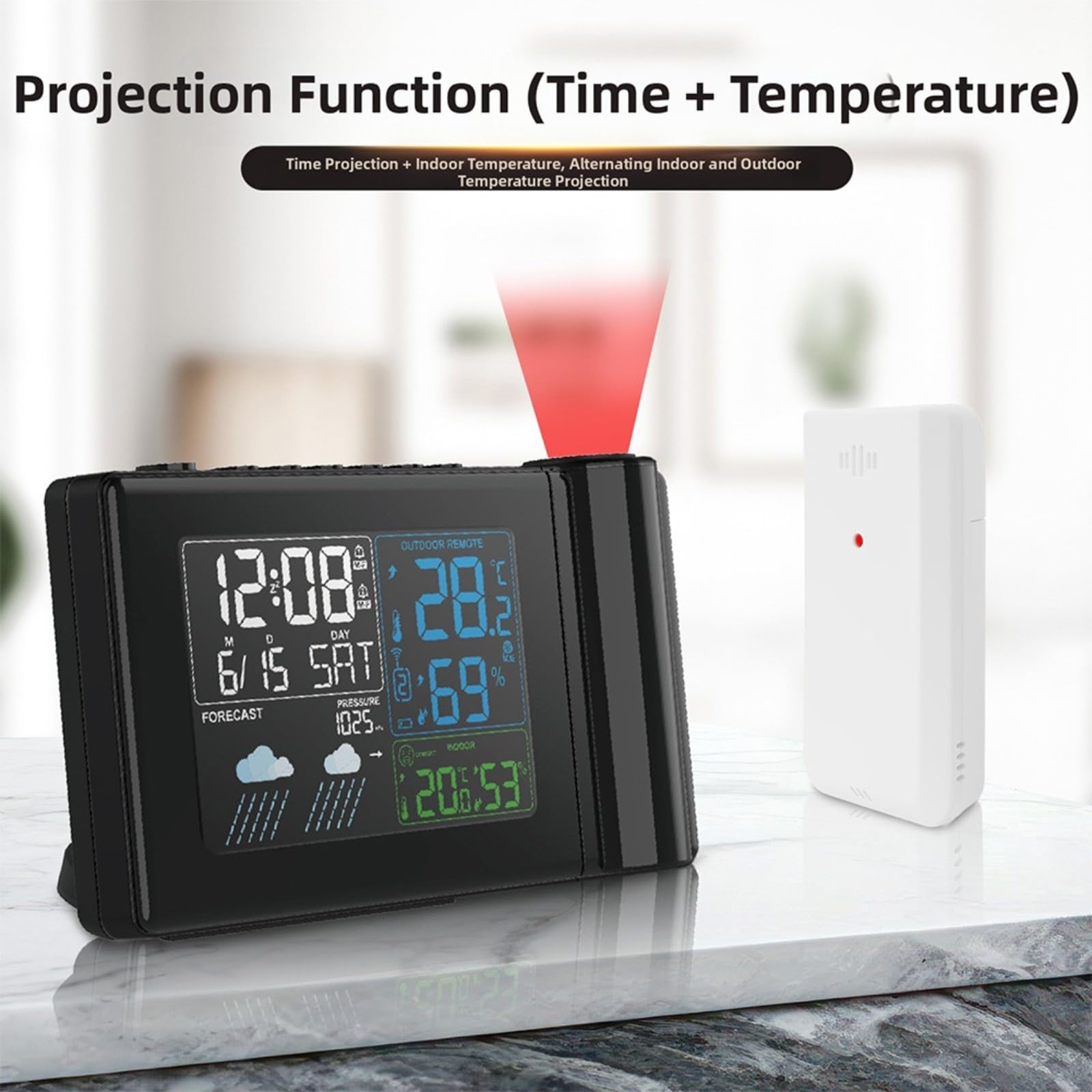 Estación meteorológica inalámbrica con proyección de tiempo, reloj despertador digital, termómetro higrómetro, para ajustes de alarma dual, monitor de clima interior y exterior
