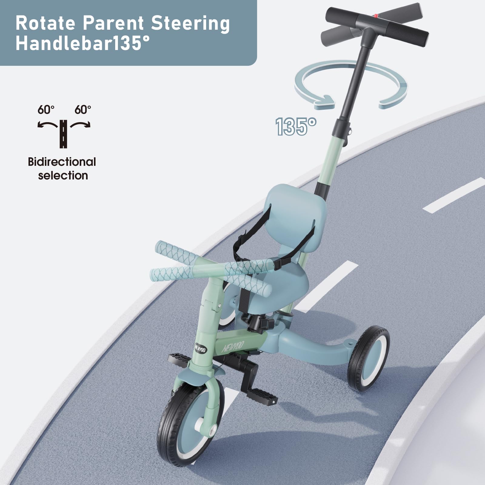 Triciclo 5 En 1 NEWYOO Para Niños De 1 A 3 Años – Con Pedales Extraíbles, Asiento Y Manillar Ajustables, De Acero Resistente