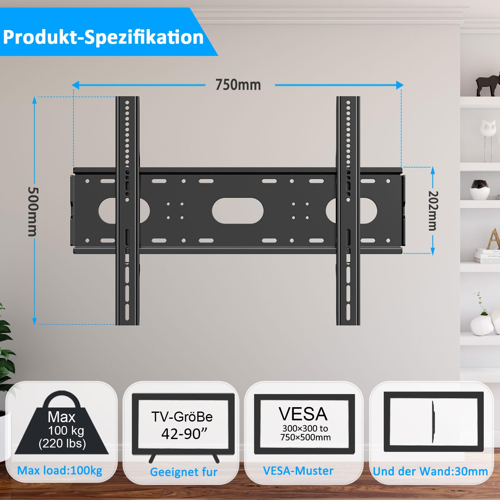 Soporte de pared inclinable para televisores de 42 a 90 pulgadas, LCD LED o monitor de hasta 100 kg, VESA máx. 750 x 500 mm, ultra fino, pesado, soporte de pared para TV