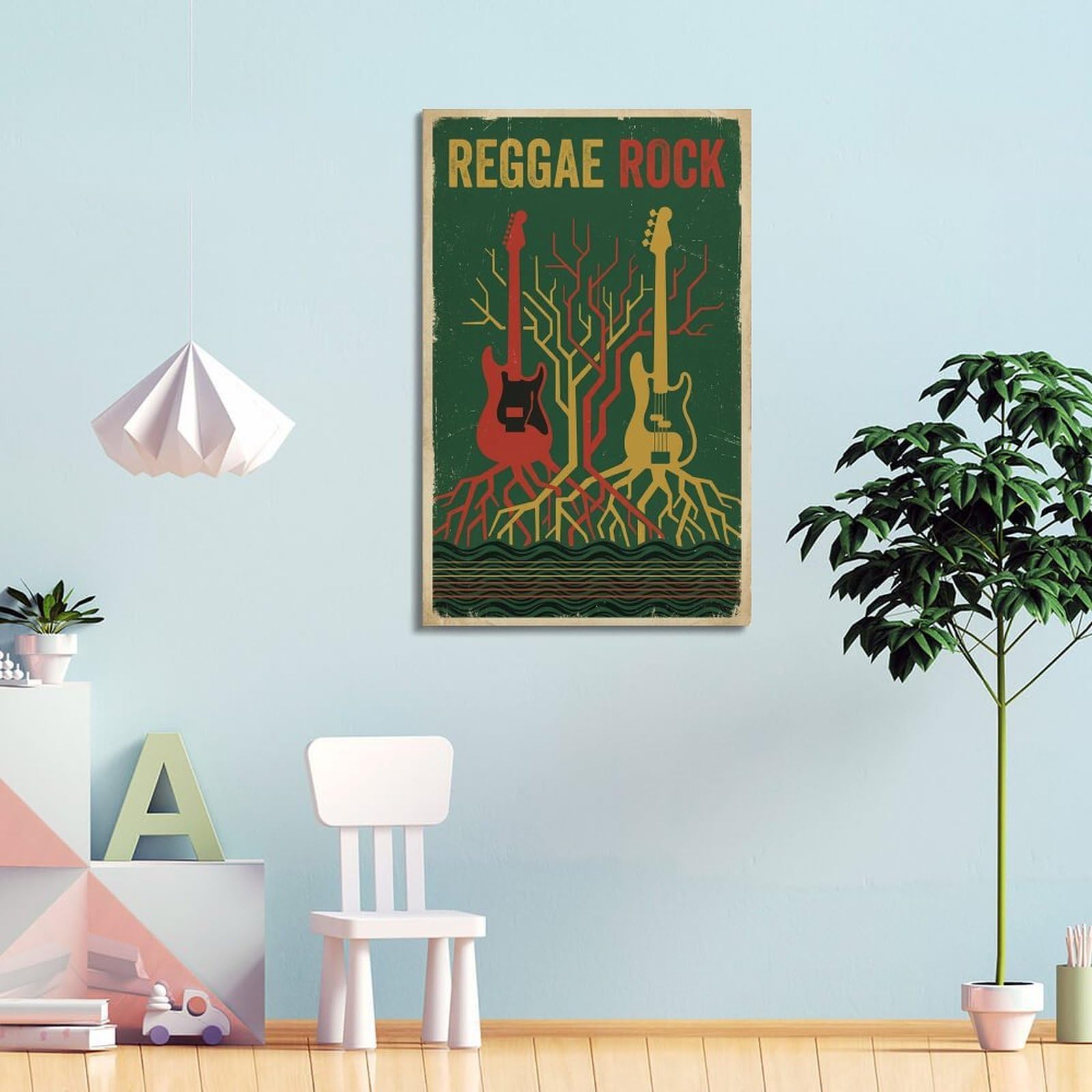 XKUGA Poster con stampa su tela, motivo: albero della vita, chitarra e basso, reggae rock, moderno, decorativo, decorazione artistica da parete per famiglia, grotta degli uomini, sala giochi, camera