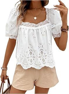 SweatyRocks Women's Square Neck Puff Sleeve Eyelet Lace Embroidered Blouse - Boho Summer Top