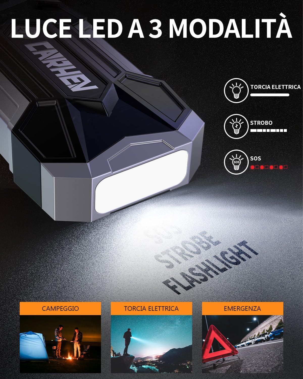 CARHEV Avviatore Batteria Auto 4500A, 12V Avviatore Emergenza per Auto (fino a 8.0L Benzina o 8.0L Diesel), Booster Avviamento Autos con Torcia a LED, Starter Batteria con USB Quick Charge 3.0