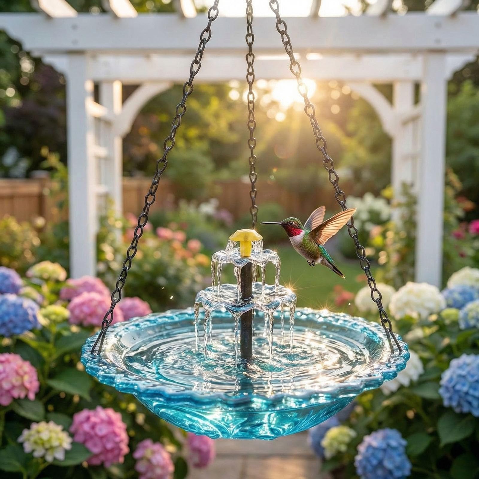 Solar Cascade Hanging Bird Bath Fountain, 2026 New Solar Powered Bird Bath Fountain, Hummingbird Water Fountain with Glass Bowl for Garden, Patio, Yard Decor, Attract Wild Birds (blue)