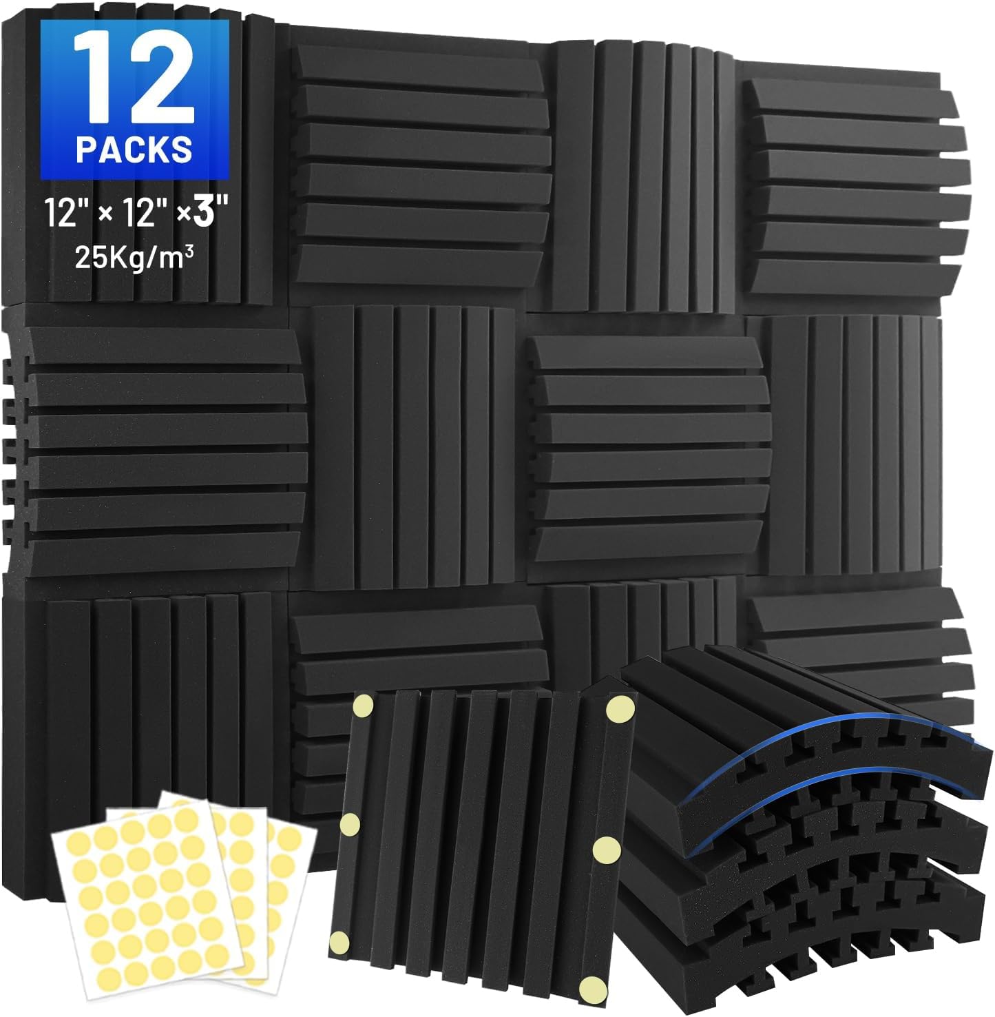 12 Pack Sound Proofing Panels, 3" X 12" X 12" Acoustic Wall Panels, Curved Soundproof Foam Panels