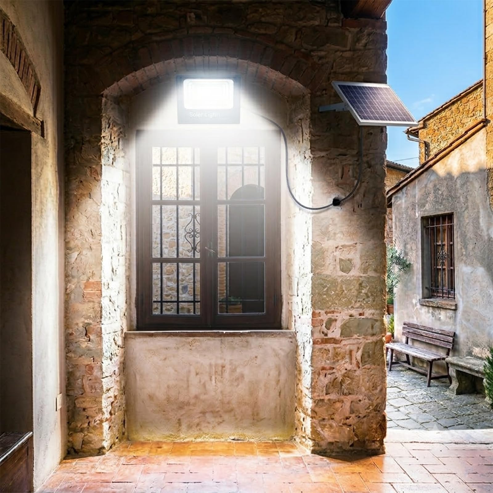 Faro Solare LED 1000W con Pannello Solare, Luce Esterno 6500K Ultra Potente, Sensore Crepuscolare Automatico, Telecomando, IP66 Impermeabile, Faretto da Esterno per Giardino, Cortile, Strada