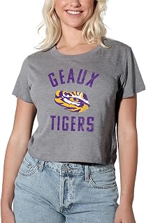 Official Collegiate Large Distressed Logo Women's Apparel Crop Top T-Shirt Collection, Athletic Heather