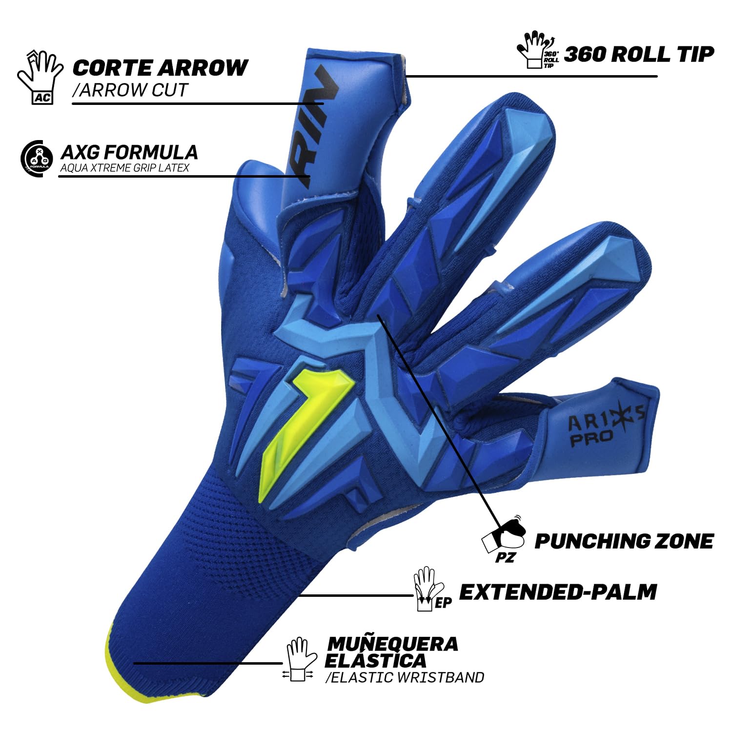 Rinat Aries X Pro Goalkeeper Gloves | AXG Palm | Adult (Blue, 8