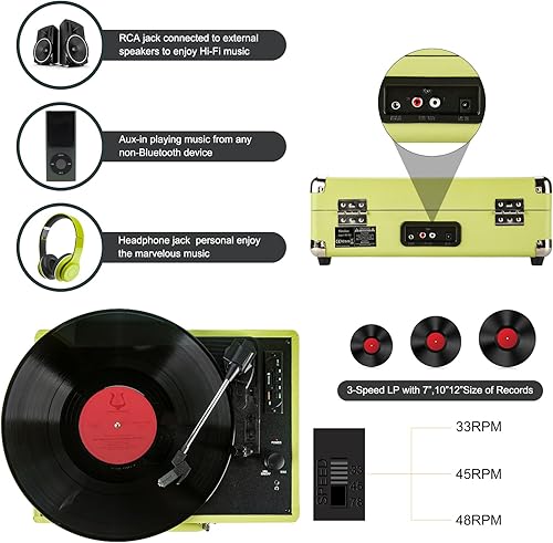 Miniatura 4 de Reproductor de discos de vinilo portátil retro Bluetooth con sonido de alta fidelidad, grabación USB, tocadiscos de transmisión por correa de 3