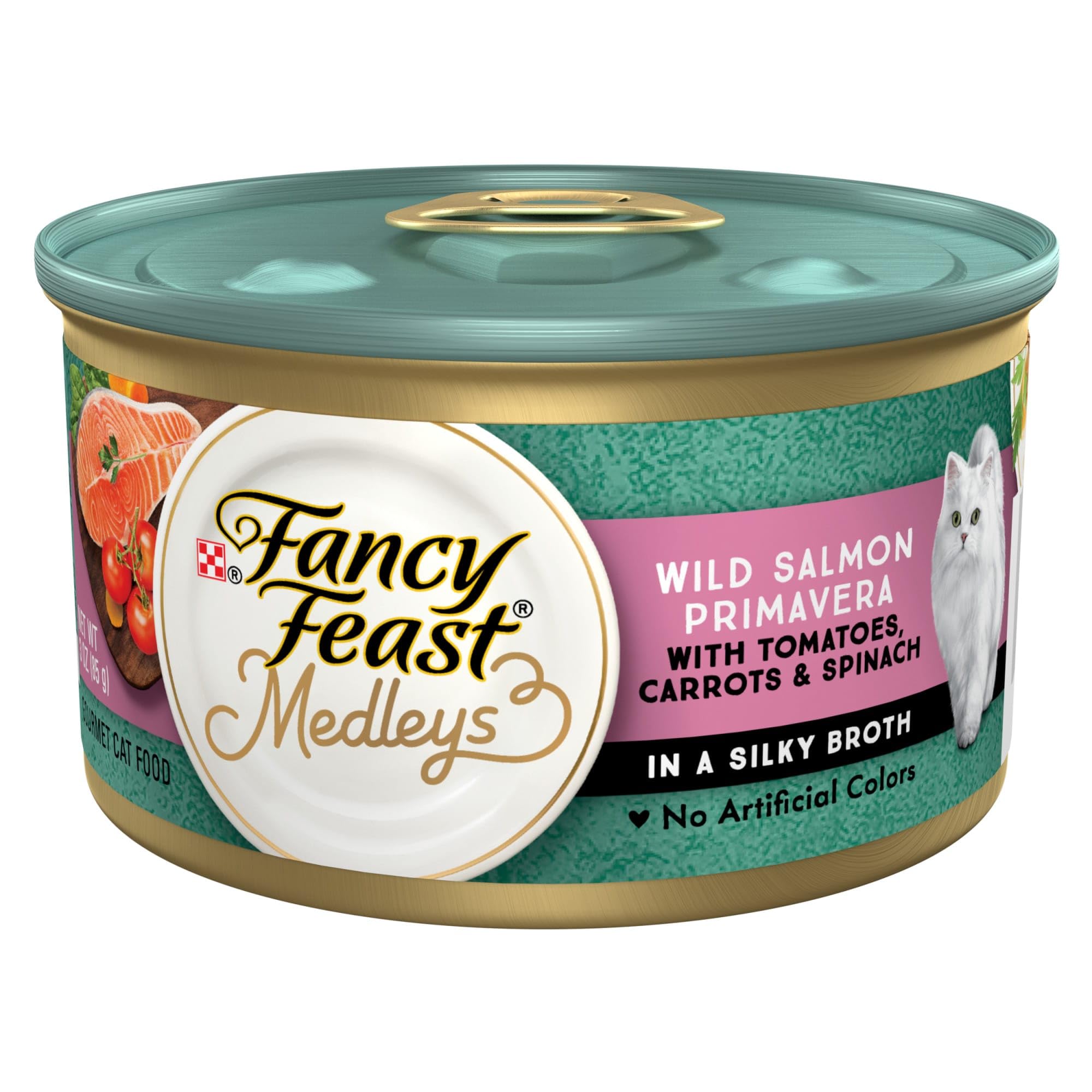 Fancy Feast Medleys Wild Salmon Primavera with Tomatoes Carrots and Spinach in Silky Broth Wet Cat Food, 3 oz., Case of 24