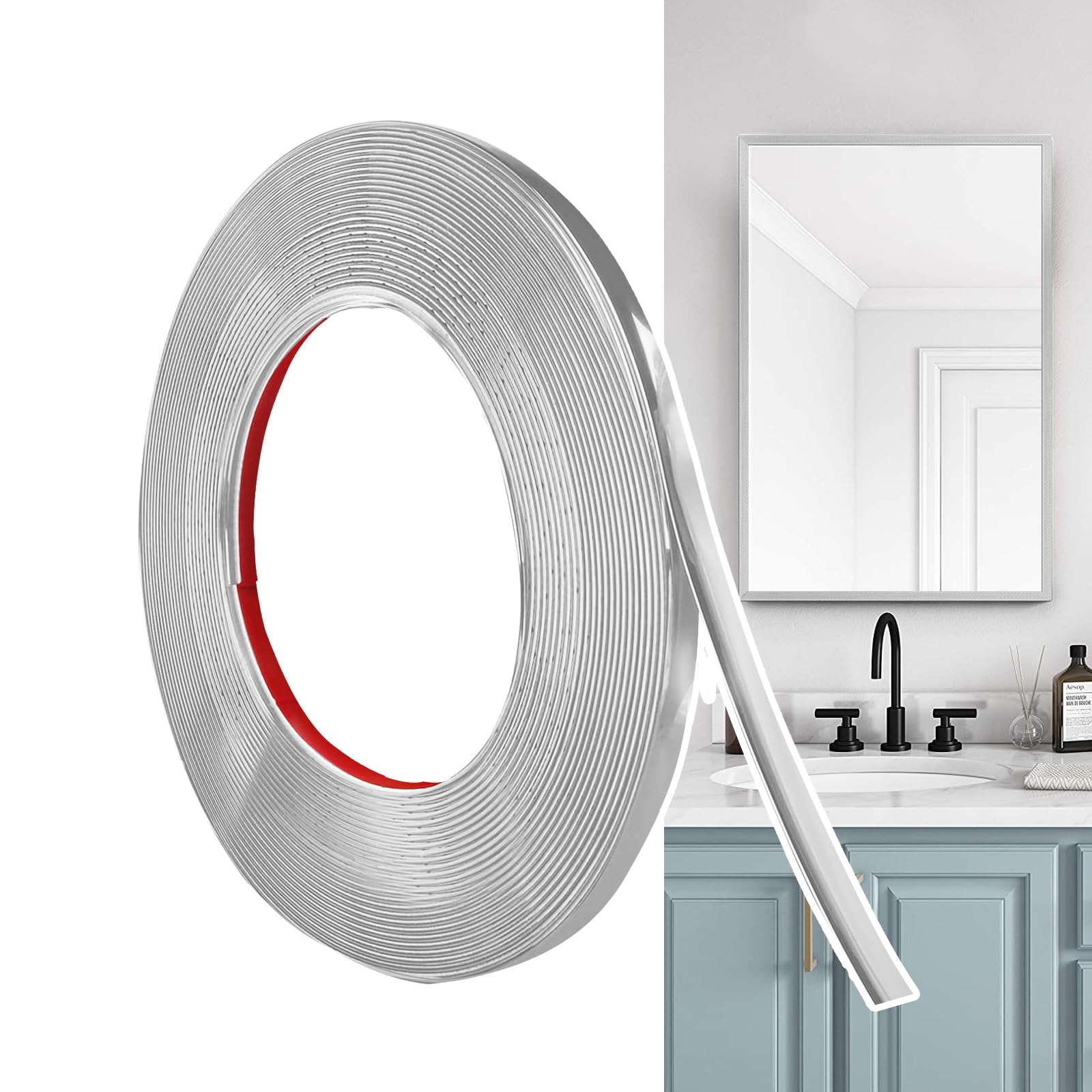 Hengrongshen Self Adhesive Moulding Trim Matte Silver (12M x 0.65cm) Flexible PVC Peel and Stick Wall Trim Decorative Edge Strip for Wall, Tile, Mirror, Window, Cabinet, Bathroom, DIY Trim