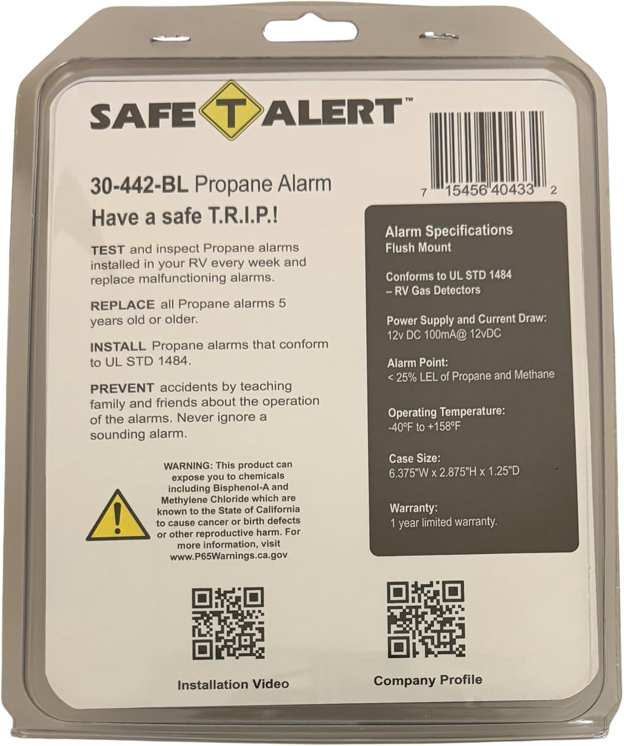 Safe T Alert 30 Series Classic LP Gas Alarm - Propane Alarm - Flush Mount, Black - 30-442-P-BL