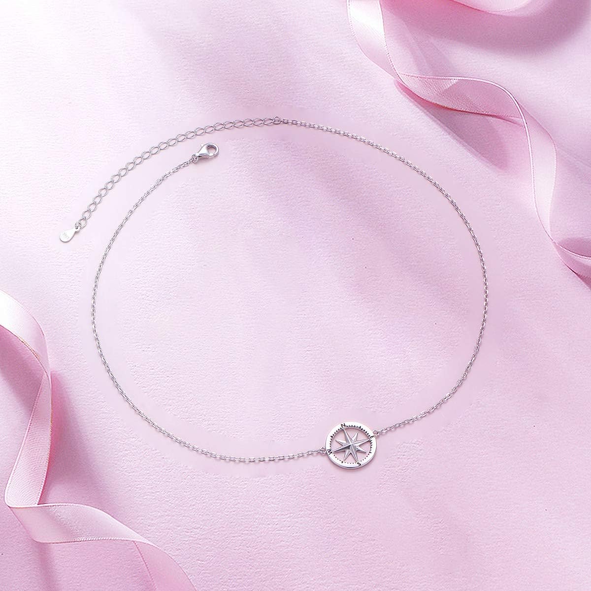 Alphm S925 Sterling Silver Choker Short Dainty Adjustable Compass Pendant Necklac for Women Friendship Friend Graduation Gift Jewelry