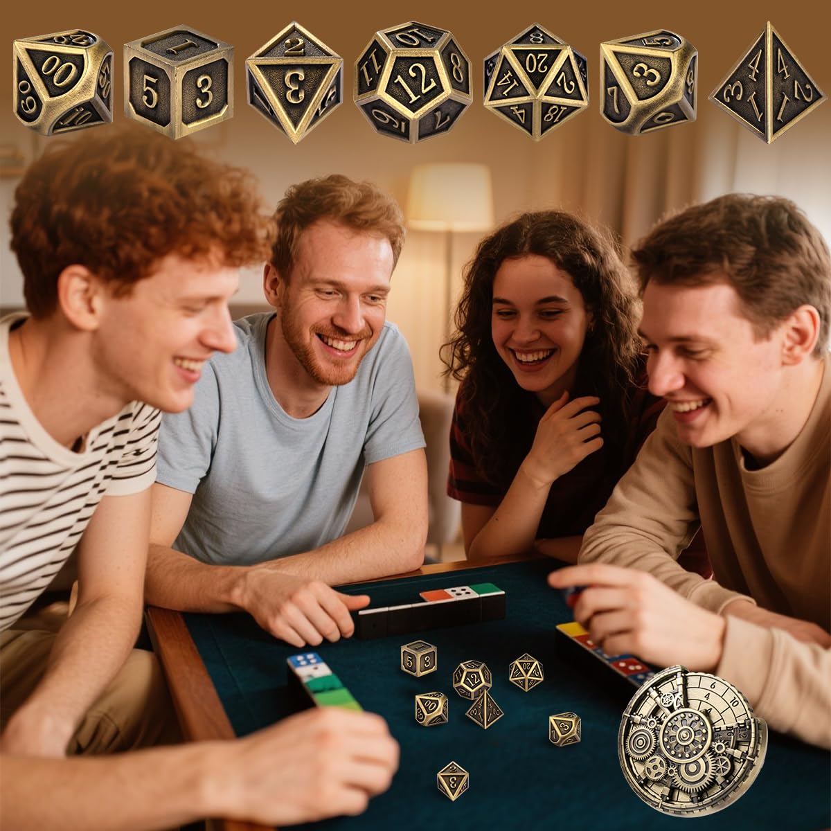 Jeu de Roulette Dés D&D en Métal, 7-en-1 Métallique Engrenage Spinner + 7 Dés DND Polyédriques en Métal, Cadeaux D&D avec Boîte Cadeau, RPG, MTG, Jeux de Tableau, Accessoires pour Jeux de Rôle, Bronze