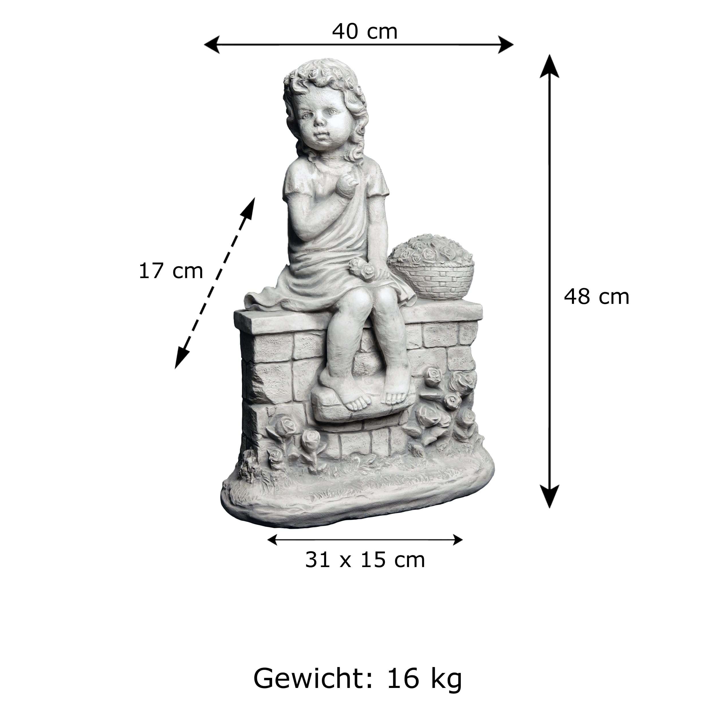 gartendekoparadies.de Mädchen Figur auf der Mauer, Steinfigur H. 49 cm, 18 kg, Grau, frostsicher aus Steinguss für Außenbereich