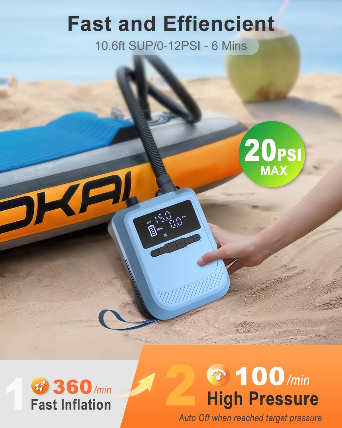 SUP Pompe Électrique 20 PSI – Rechargeable, 12V, Gonflage/Dégonflage Auto-Arrêt, Pression Précise – Gonfleur Electrique Paddle Pour Paddle, Kayak, Tente, Matelas Gonflable, Jouets Piscine